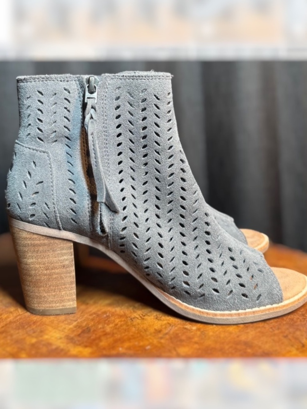 TOMS Majorca Suede Grey Leather Peep Toe Heeled Booties